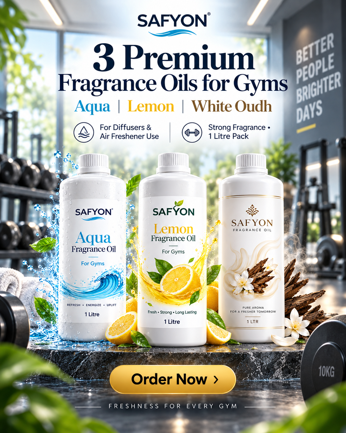 SAFYON Premium Gym Fragrance Oil Combo – 3 Litre | Aqua, Lemon & White Oudh